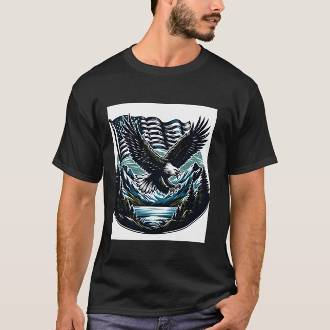 Bald Eagle Hunting Over Mountains With Flag Long S T-Shirt (Front)