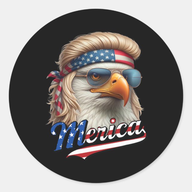 Bald Eagle Merica 4th July Eagle Blonde Mullet Fun Classic Round Sticker (Front)