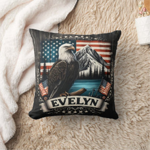 Bald Eagle Nesting Near Mountain Lake With Flags Throw Pillow