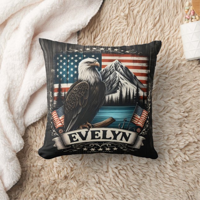 Bald Eagle Nesting Near Mountain Lake With Flags Throw Pillow (Blanket)