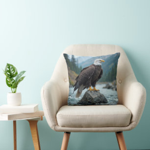 Bald Eagle On a River Rock Throw Pillow