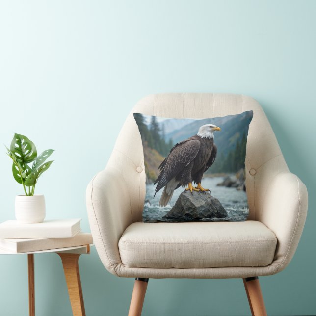 Bald Eagle On a River Rock Throw Pillow (Chair)