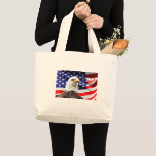 Bald Eagle On American Flag Large Tote Bag