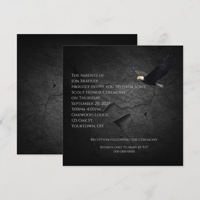 Bald eagle on black rock invitation (Front/Back)