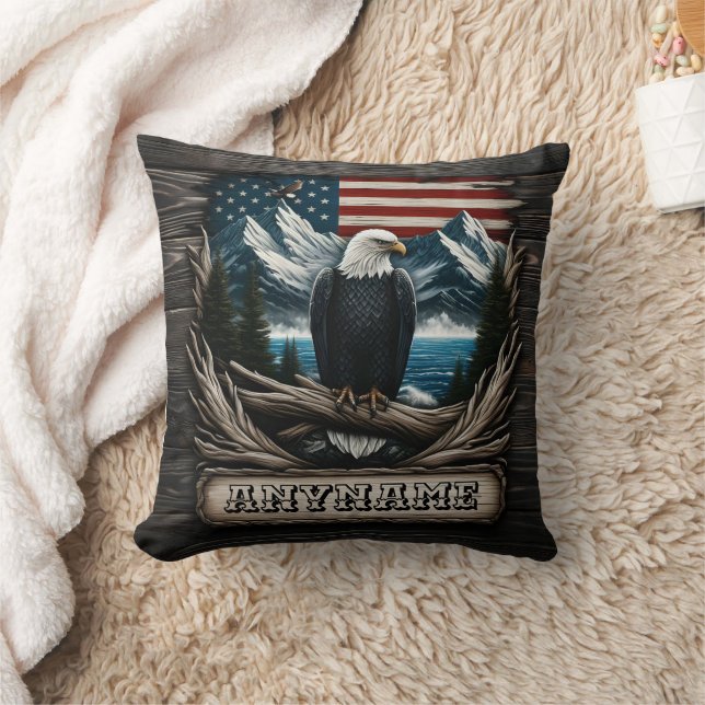 Bald Eagle on Branch in Scenic Landscape Throw Pillow (Blanket)