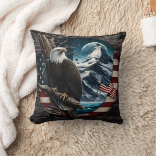 Bald Eagle on Branch With Mountain and Flag Throw Pillow