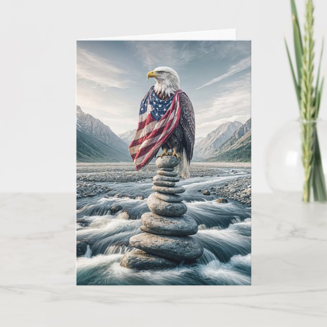 Bald Eagle On Cairn With American Flag  Card (Front)
