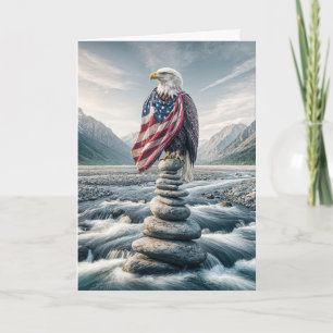 Bald Eagle On Cairn With American Flag  Card