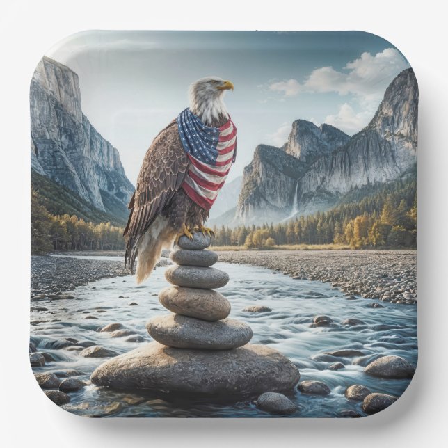 Bald Eagle On Cairn With American Flag  Paper Plate (Front)