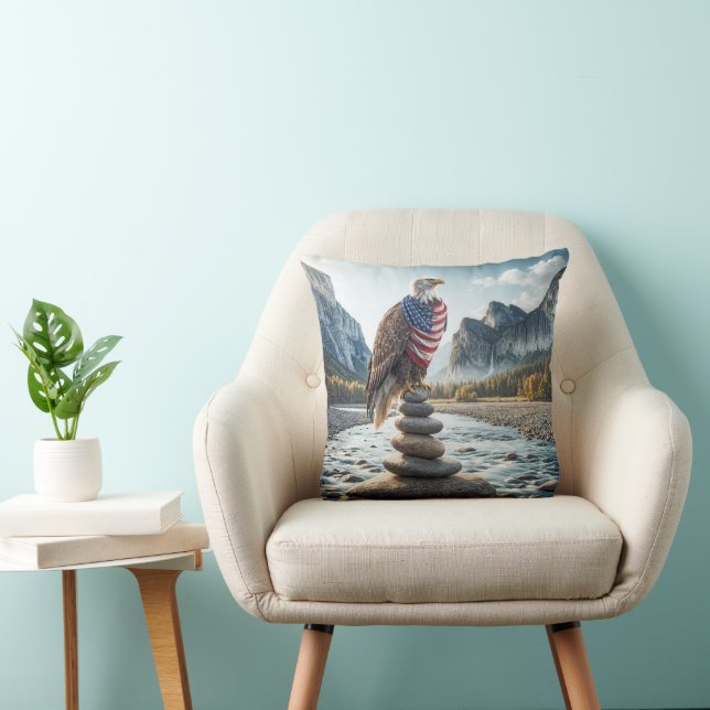Bald Eagle On Cairn With American Flag  Throw Pillow (Chair)