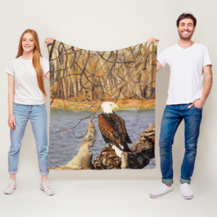 Bald Eagle on Illinois River Bank Fleece Blanket