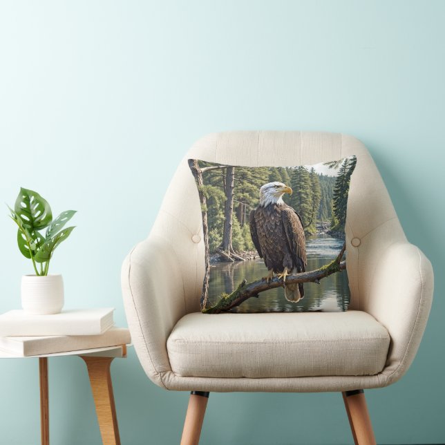 Bald Eagle On River Tree Branch Throw Pillow (Chair)