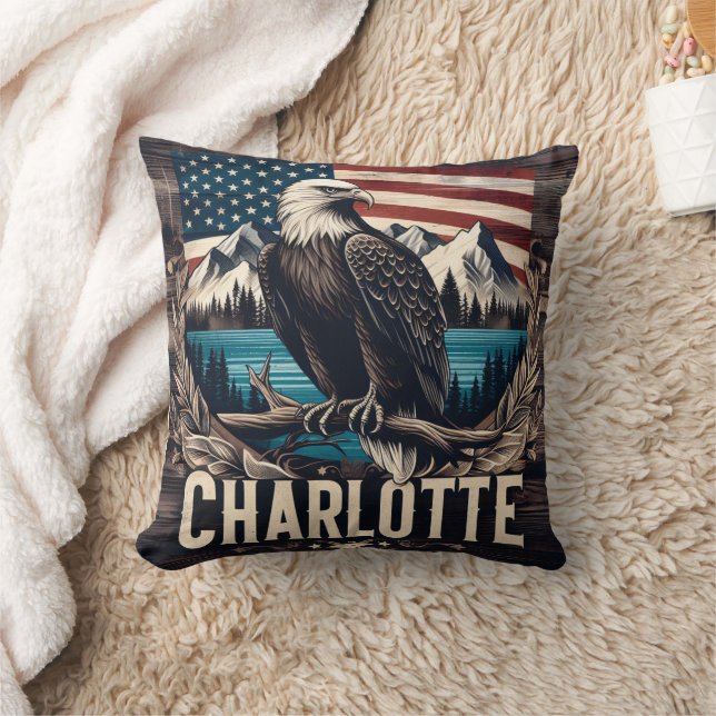 Bald Eagle Overlooking Charlotte With Mountains Throw Pillow (Blanket)