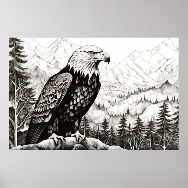 Bald Eagle Peaceful Nature Prairie Sketch Drawing  Poster (Front)