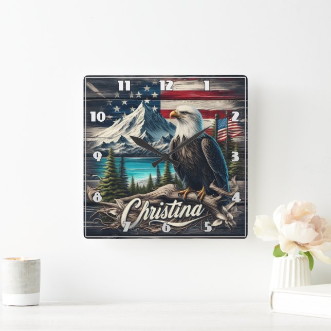 Bald Eagle Perched Amidst Mountain Landscape Square Wall Clock (Home)