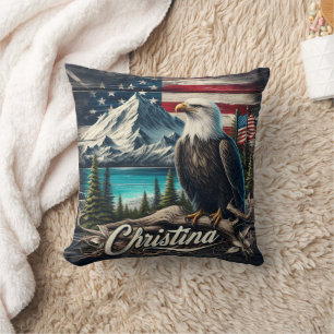 Bald Eagle Perched Amidst Mountain Landscape Throw Pillow