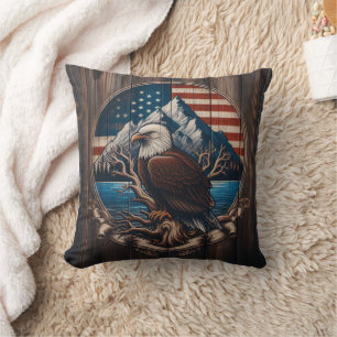 Bald Eagle Perched by Mountain and American Flag Throw Pillow