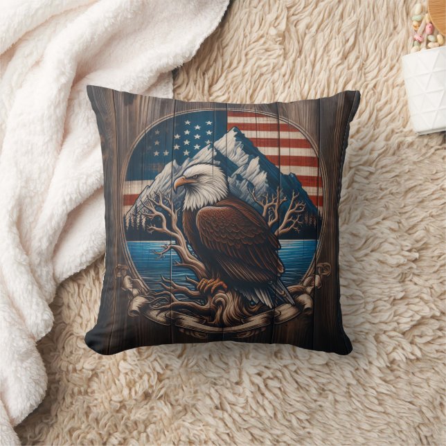 Bald Eagle Perched by Mountain and American Flag Throw Pillow (Blanket)