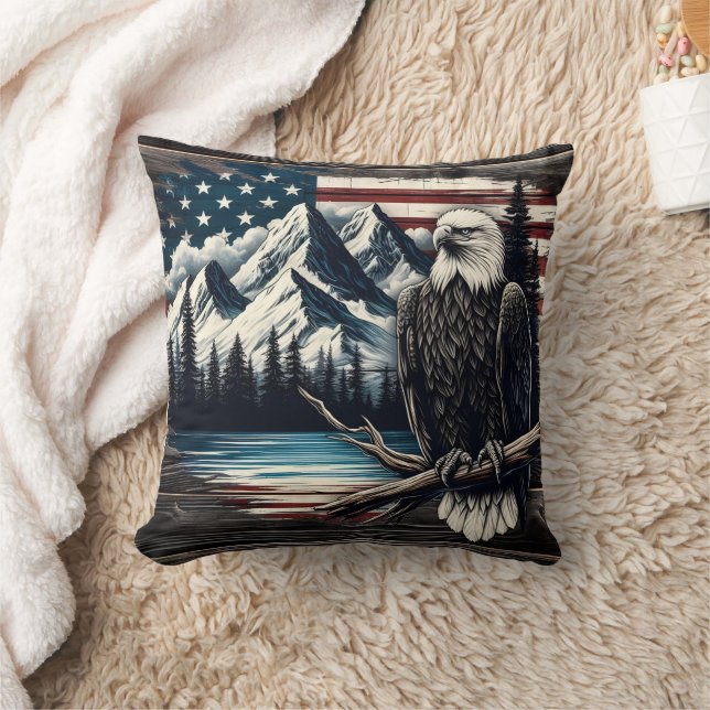 Bald Eagle Perched by Mountain Lake With Flag Throw Pillow (Blanket)