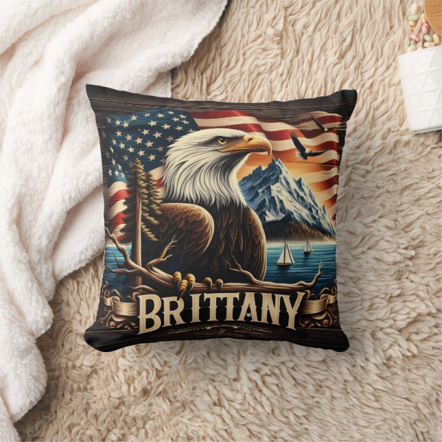Bald Eagle Perched by Mountains and American Flag Throw Pillow (Blanket)