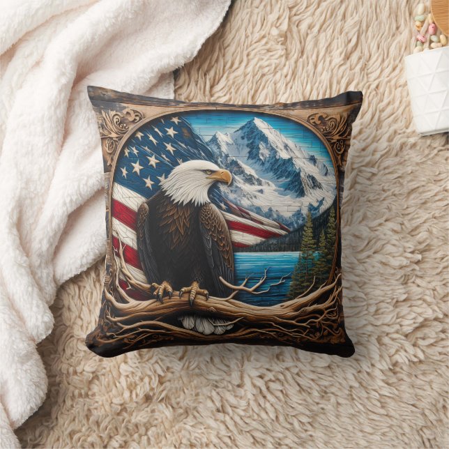 Bald Eagle Perched by Mountains and American Flag Throw Pillow (Blanket)
