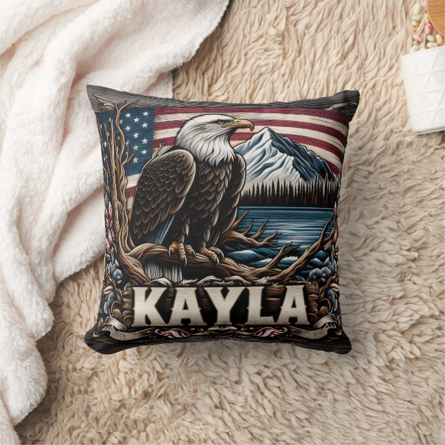 Bald Eagle Perched Near Mountains and Lake Throw Pillow (Blanket)
