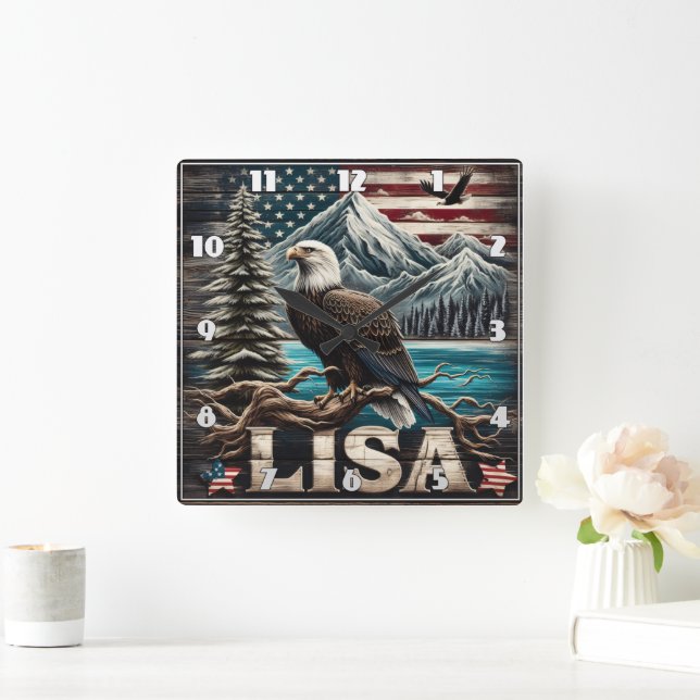 Bald Eagle Perched On Branch Against Mountain View Square Wall Clock (Home)