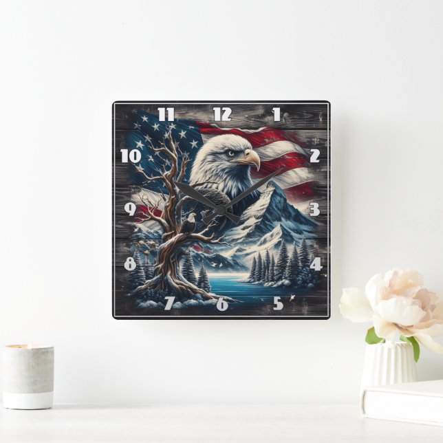 Bald Eagle Perched on Branch by Mountains and Flag Square Wall Clock (Home)
