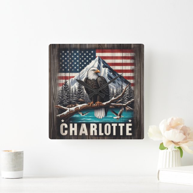 Bald Eagle Perched on Branch With Mountains Square Wall Clock (Home)