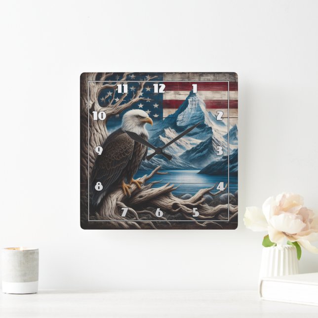 Bald Eagle Perched With American Flag Backdrop Square Wall Clock (Home)