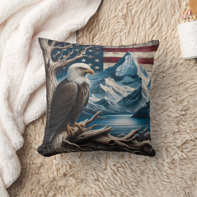 Bald Eagle Perched With American Flag Backdrop Throw Pillow (Blanket)