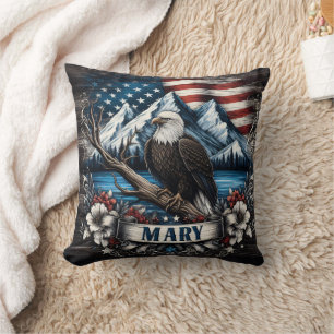 Bald Eagle Perched With American Flag Background Throw Pillow
