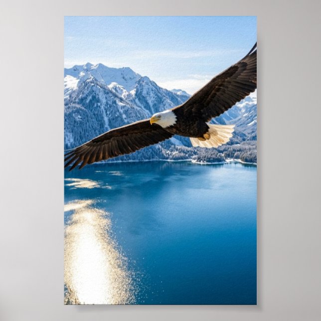 Bald Eagle Soaring Mountain Lake Matte Poster (Front)
