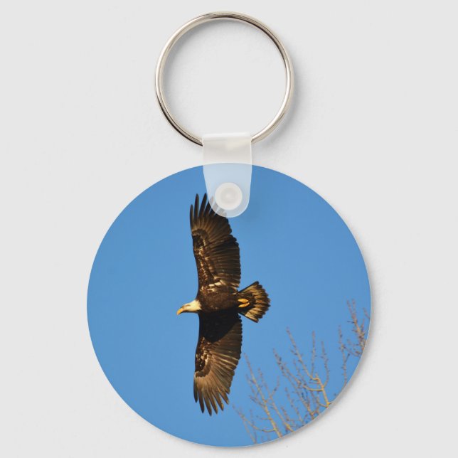 Bald Eagle Soaring Over Trees Keychain (Front)