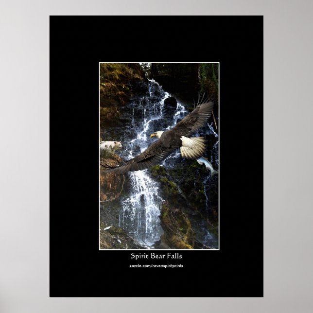 Bald Eagle, Spirit Bear & Water Fall Art Poster (Front)