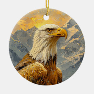 Bald Eagle Watercolor Mountains Ceramic Ornament
