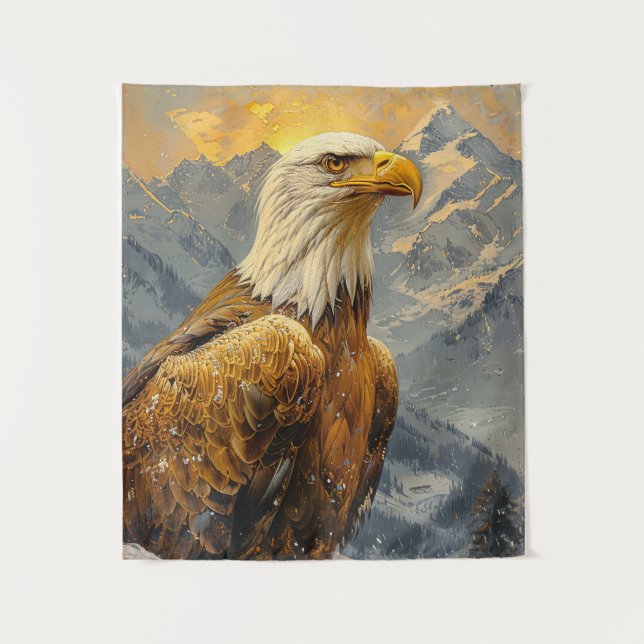 Bald Eagle Watercolor Mountains Tapestry (Front)