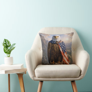 Bald Eagle Wearing an American Flag Cape Throw Pillow