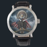 Bald Eagle Wearing an American Flag Cape Watch<br><div class="desc">A bald eagle is perched on a tree branch during a thunderstorm,  wearing an American flag and a Native American feather headdress.</div>