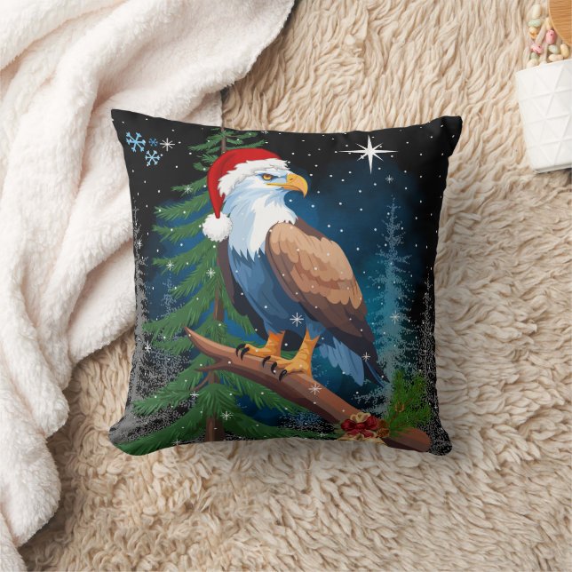 Bald Eagle wearing Santa Hat Christmas Throw Pillow (Blanket)