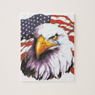 Bald Eagle With A Tear - USA Flag In Background Jigsaw Puzzle