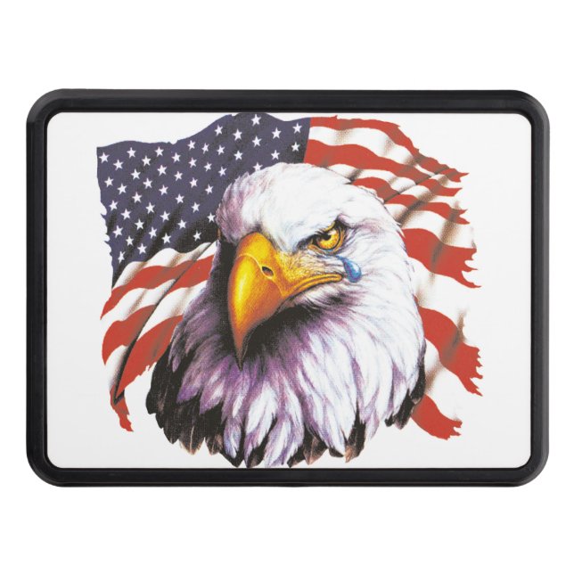 Bald Eagle With A Tear - USA Flag In Background Trailer Hitch Cover (Front)
