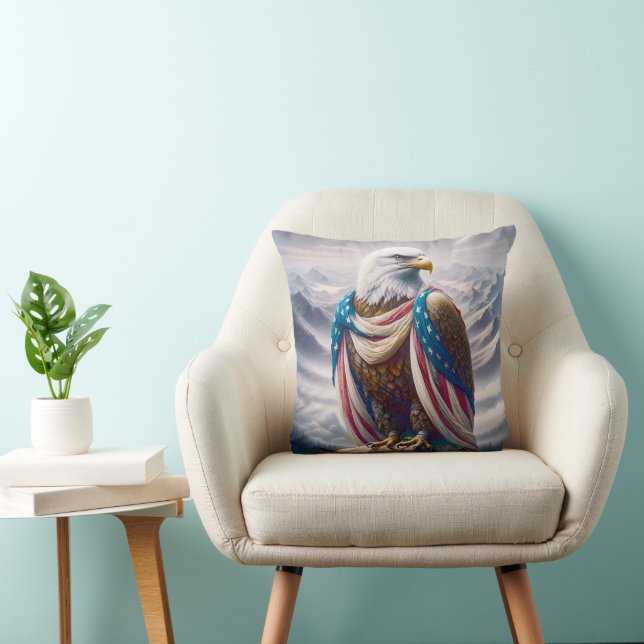 Bald Eagle with a Tear Wearing American Flag Throw Pillow (Chair)