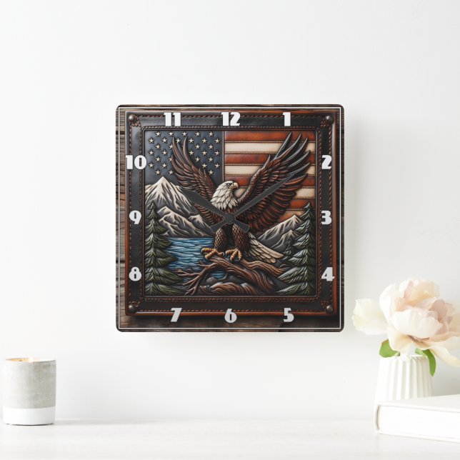 Bald Eagle With American Flag and Mountains Square Wall Clock (Home)