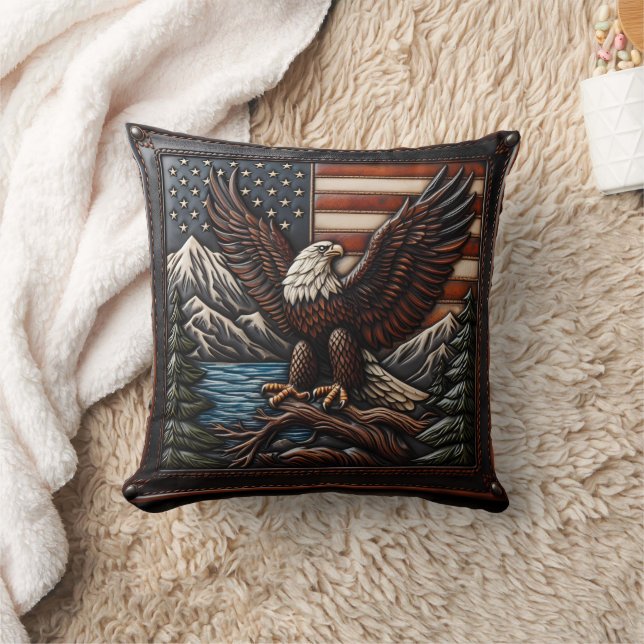 Bald Eagle With American Flag and Mountains Throw Pillow (Blanket)