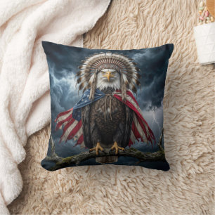 Bald Eagle With American Flag Cape and Headdress Throw Pillow