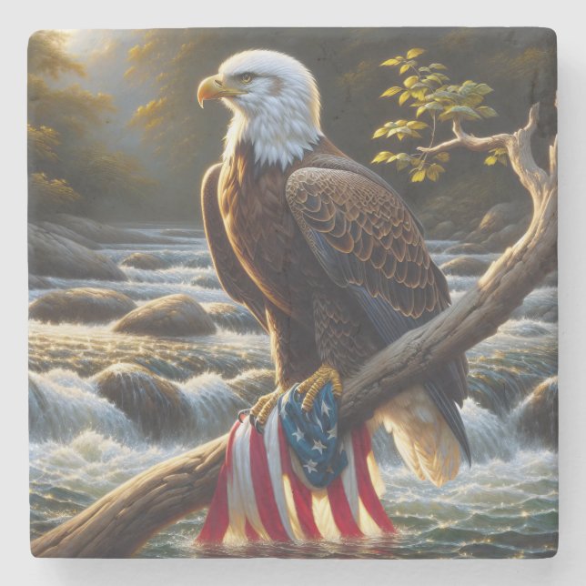 Bald Eagle With American Flag On a Branch Stone Coaster (Front)
