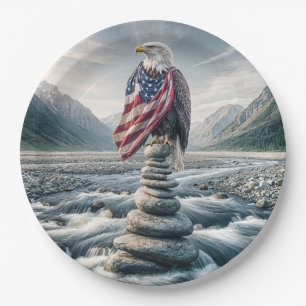 Bald Eagle With American Flag On a Cairn Paper Plate