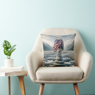 Bald Eagle With American Flag On a Cairn Throw Pillow