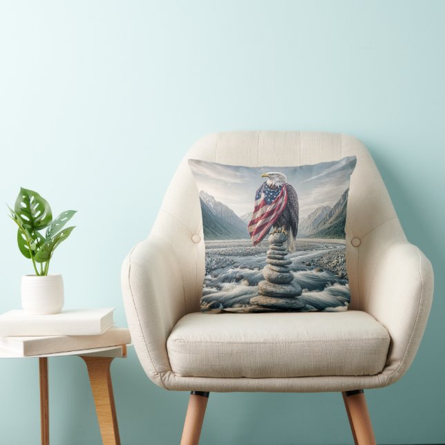 Bald Eagle With American Flag On a Cairn Throw Pillow (Chair)